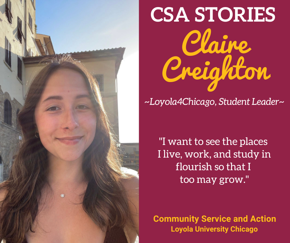 CSA Story Header for Claire Creighton; selfie image on a maroon and gold background
